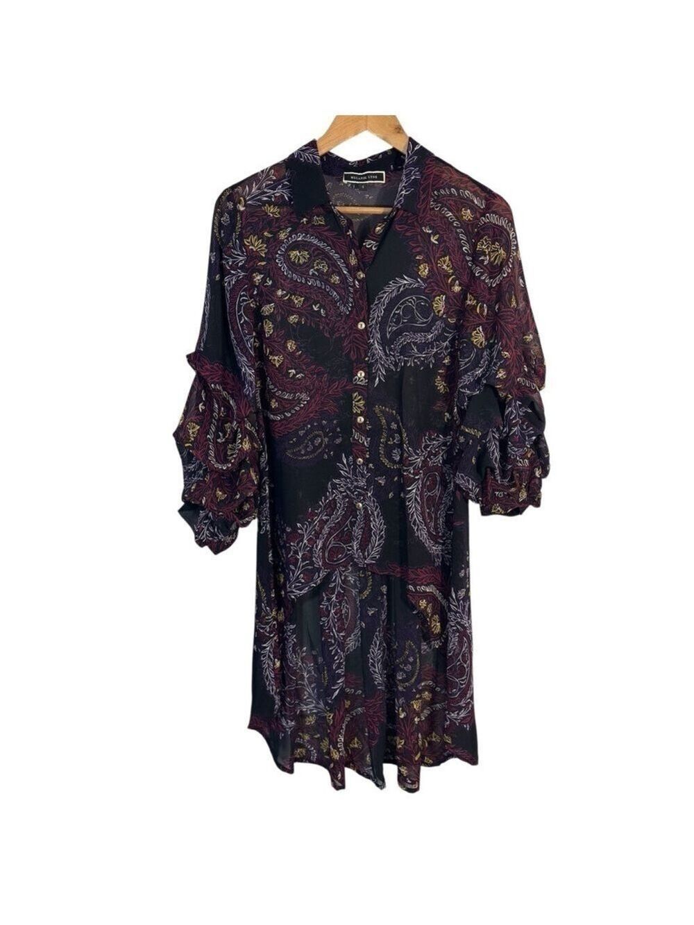 Melanie Lyne Puff Sleeve Blouse 4 Dark Paisley Floral Longline Button Up Shirt